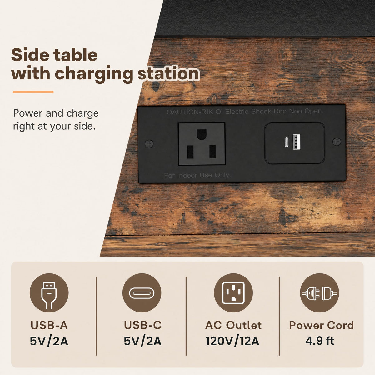 Brown Flip Top End Table with Charging Station and 3 Tier Storage U819230