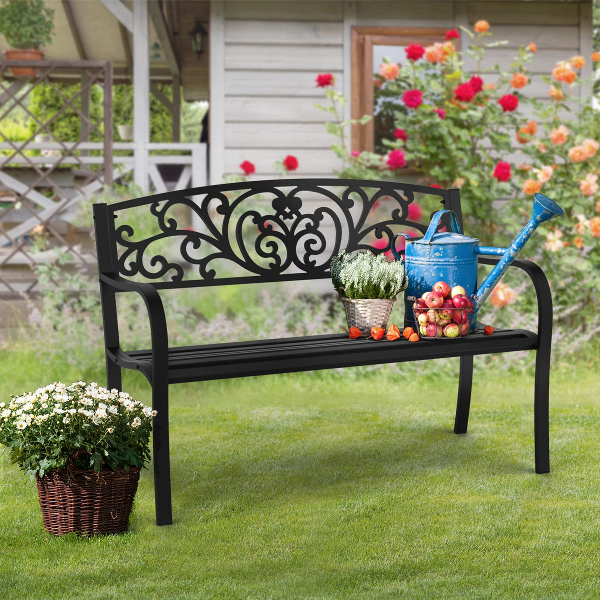 Black Metal Outdoor Bench with PVC Back Pattern D10729