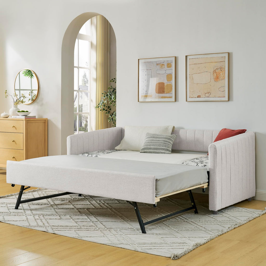 Beige Linen Twin Size Upholstered Daybed with Trundle and Headboard A242