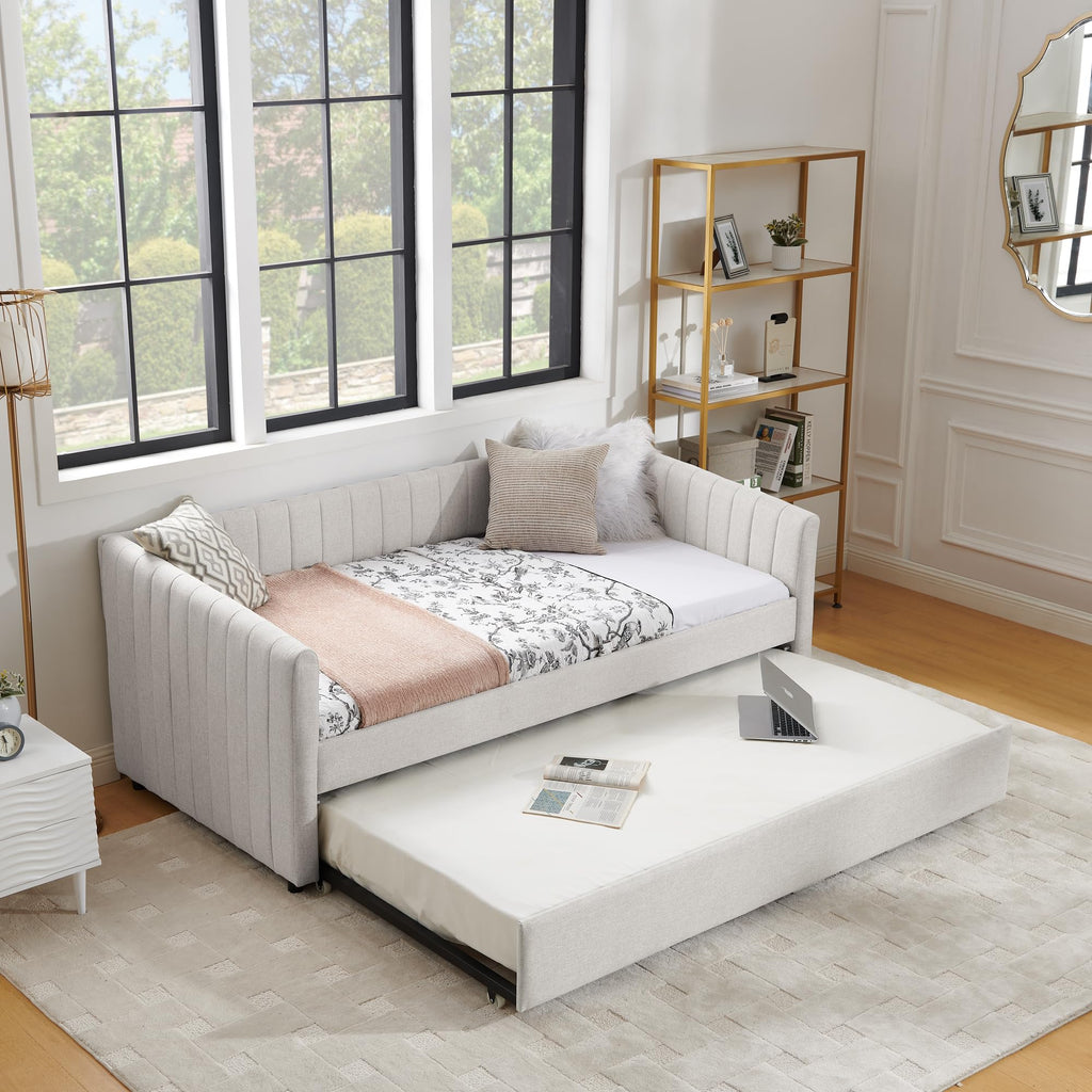 Beige Linen Twin Size Upholstered Daybed with Trundle and Headboard A242