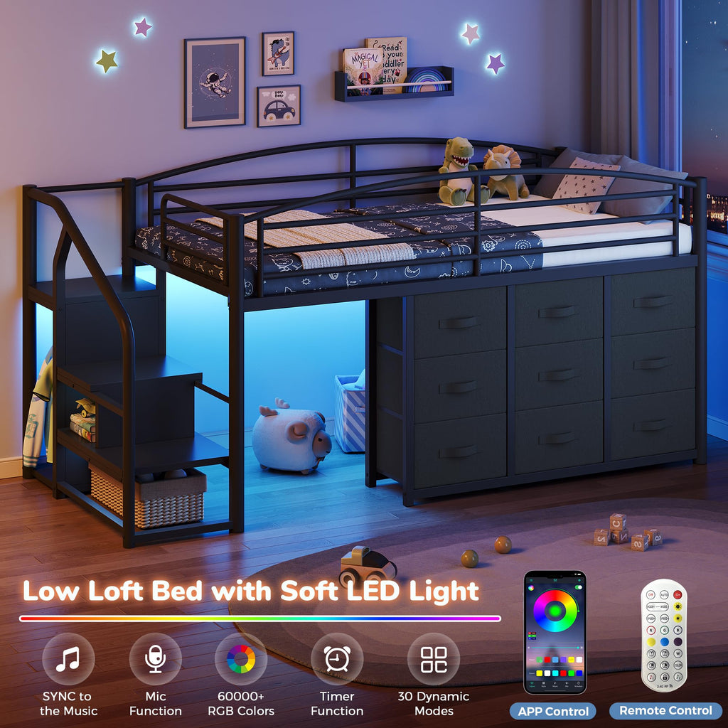 Twin Metal Loft Bed with 9 Storage Drawers and Guardrail S1676
