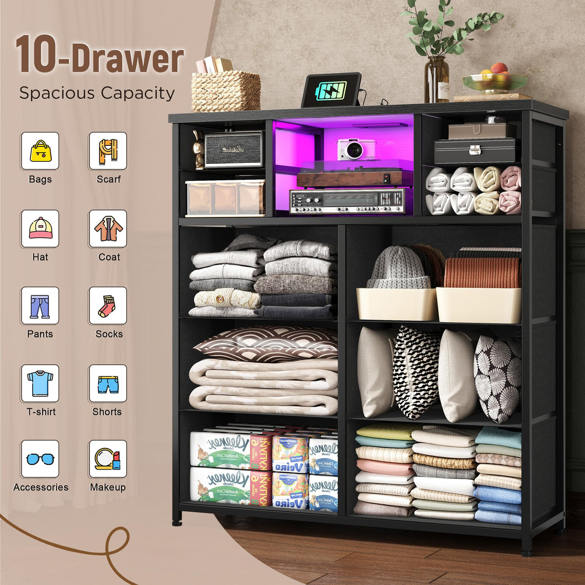 Black 10 Drawer Dresser with LED & Charging Station B767773