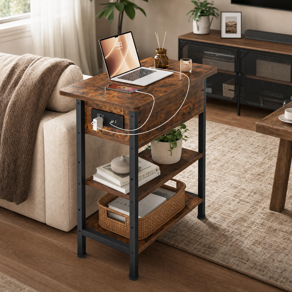 Brown Flip Top End Table with Charging Station and 3 Tier Storage U819230