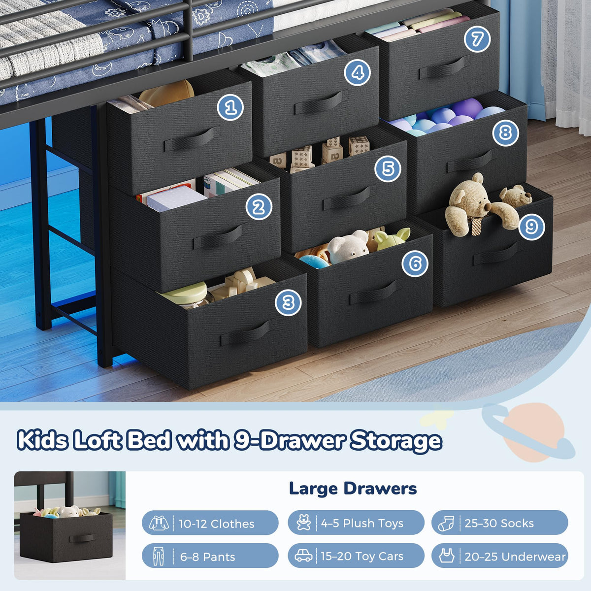Twin Metal Loft Bed with 9 Storage Drawers and Guardrail S1676