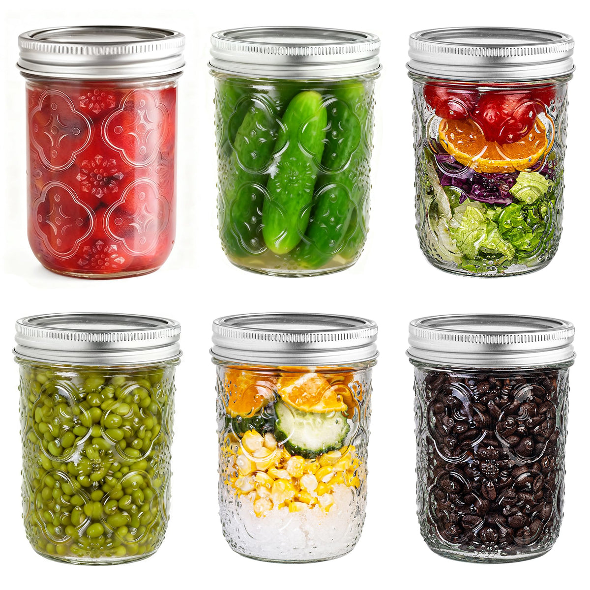 16oz 6 Pack Wide Mouth Glass Mason Jars with Metal Lids M711