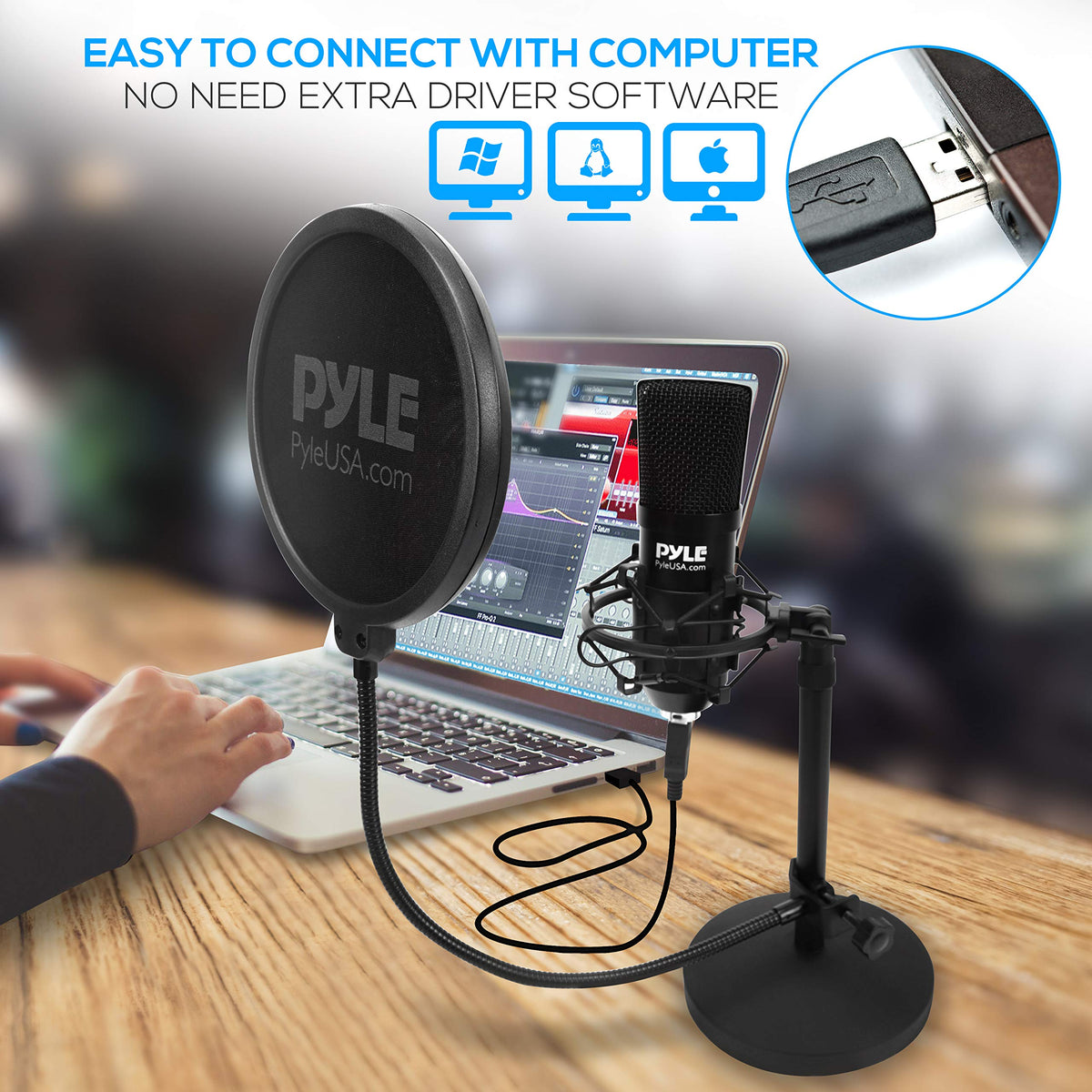 USB Cardioid Condenser Microphone with Desktop Stand and Pop Filter Q367