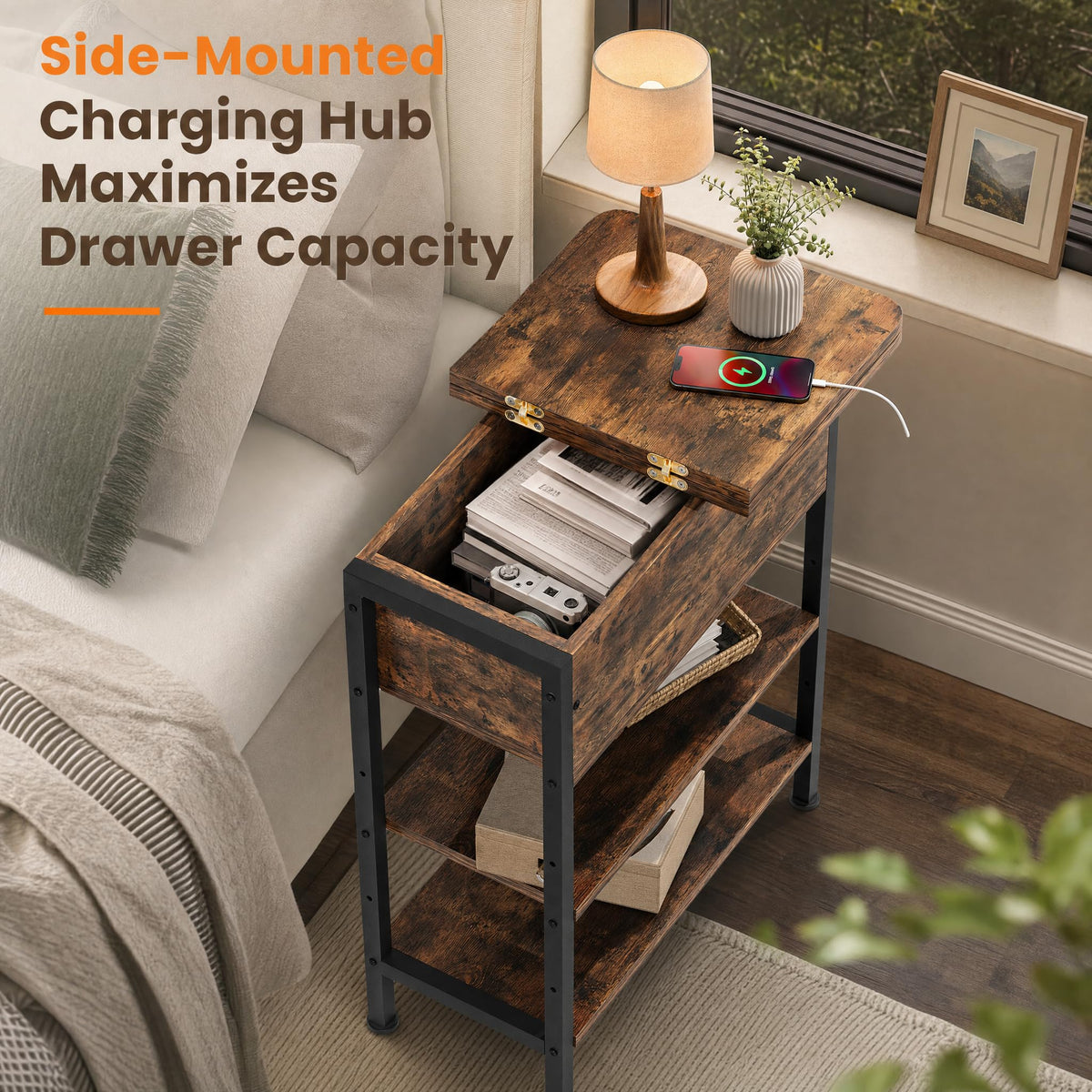 Brown Flip Top End Table with Charging Station and 3 Tier Storage U819230