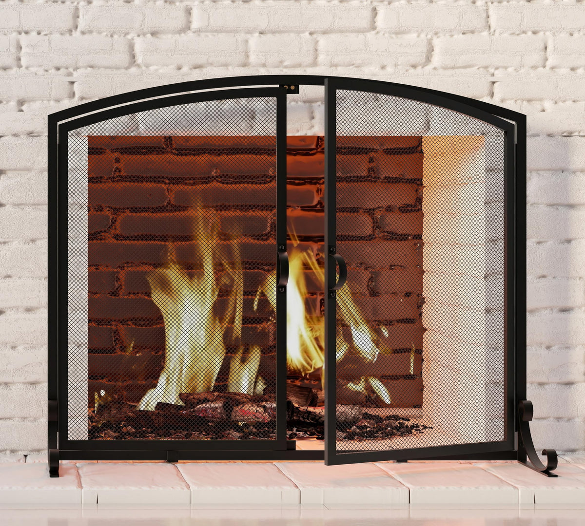 Arched Metal Fireplace Screen 2-Panel Spark Guard H90365