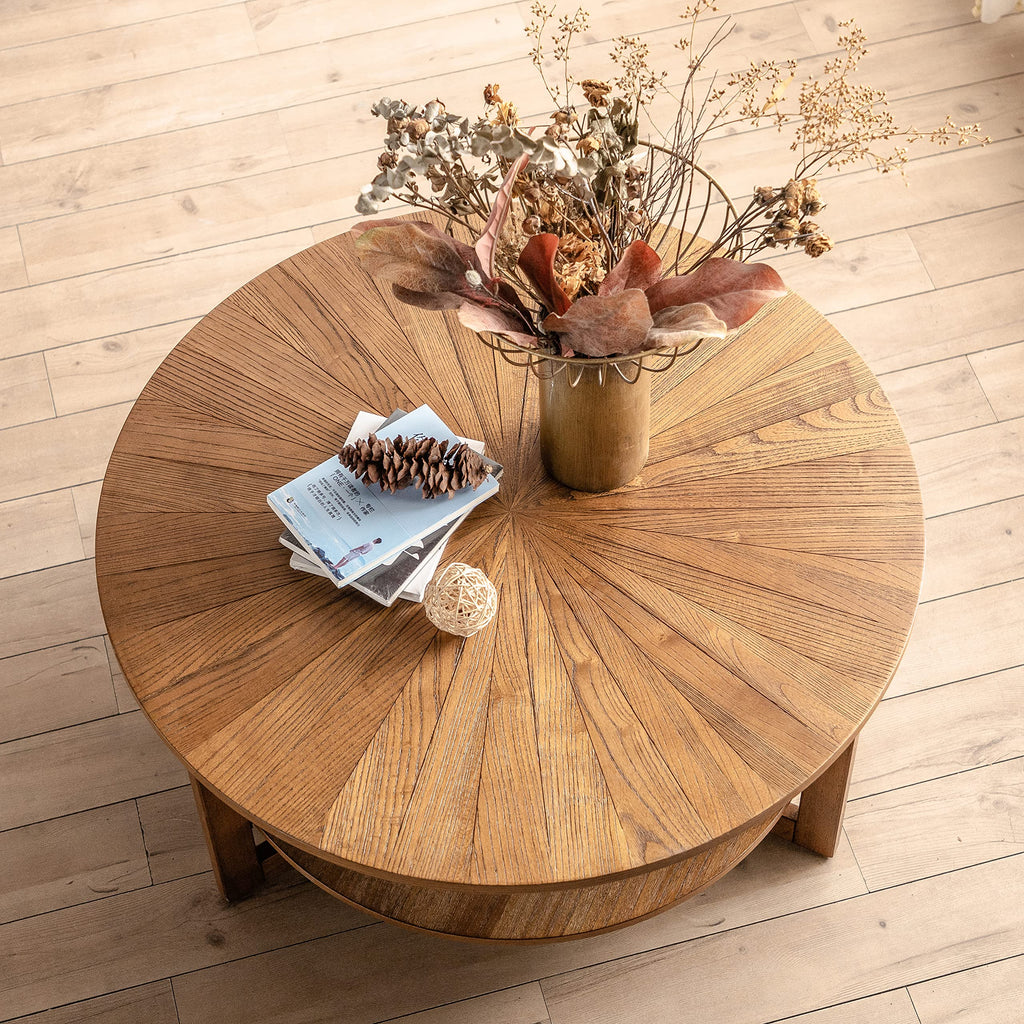 35" Round 2 Tier Wood Coffee Table with Storage Shelf Z381227