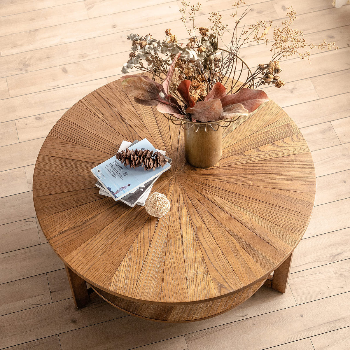 35" Round 2 Tier Wood Coffee Table with Storage Shelf Z381227
