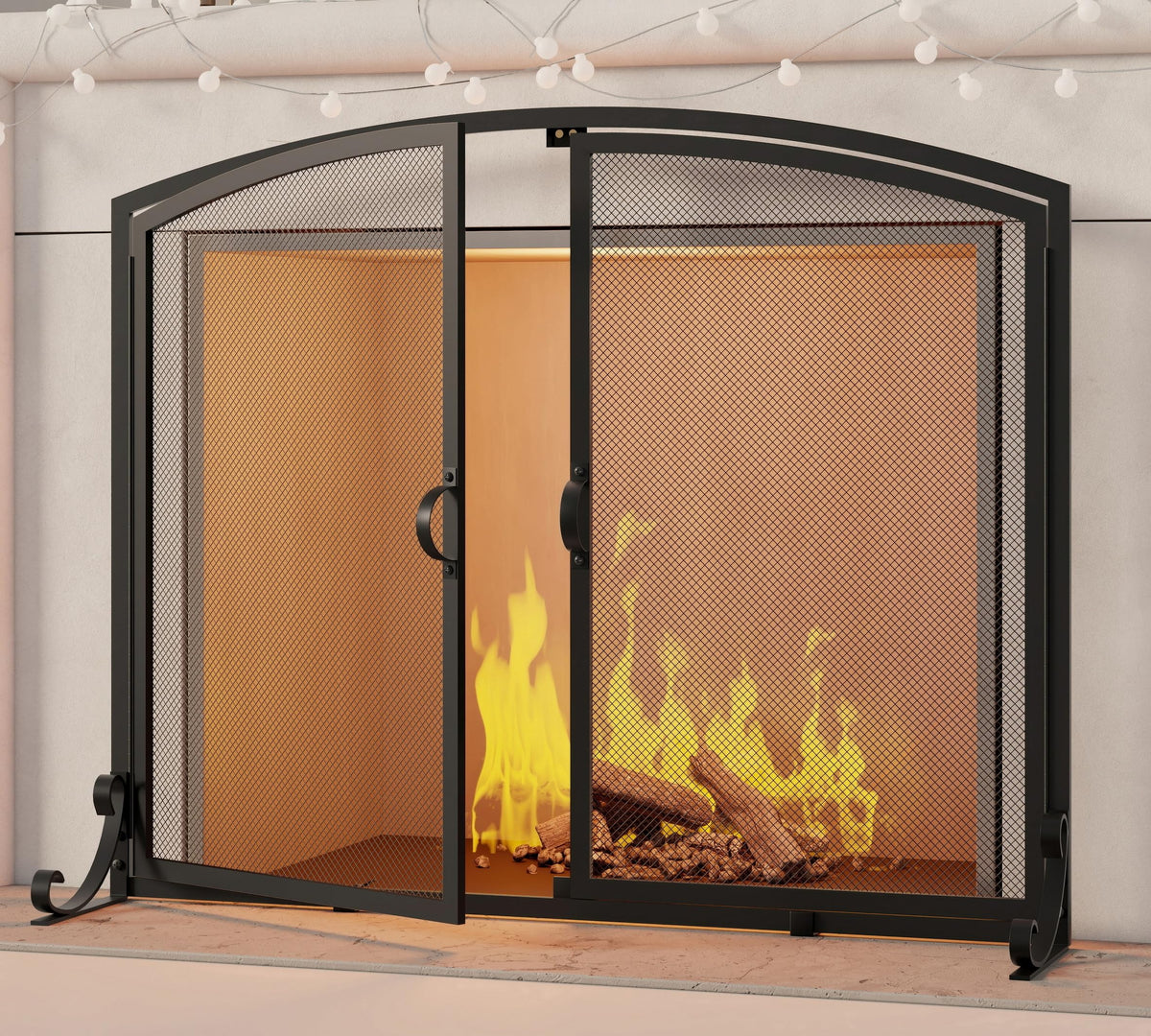 Arched Metal Fireplace Screen 2-Panel Spark Guard H90365